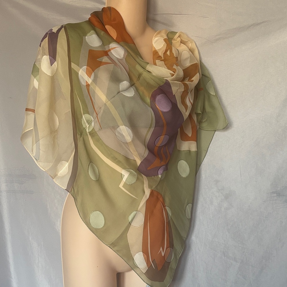 Hiroko Kapp Chic Abstract Green and Purple Silk Scarf 34x34"